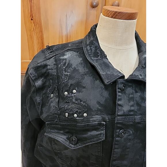 Mens Smoke Rise Distressed Denim Jacket With Patches Size XL Black Studded - Picture 2 of 16